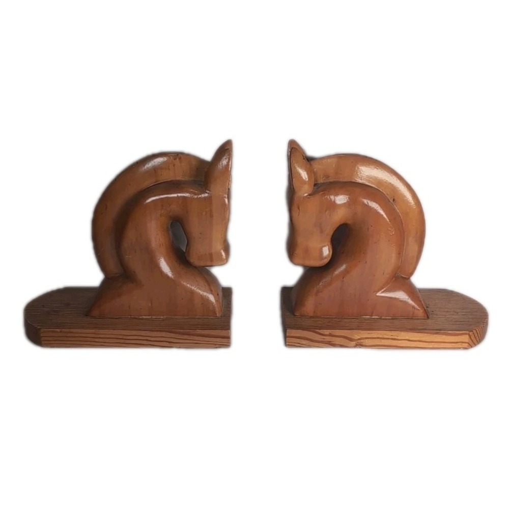 Wood Carved Horse Head Bookends, Chess Style MCM Equestrian Set Of 2 Vintage